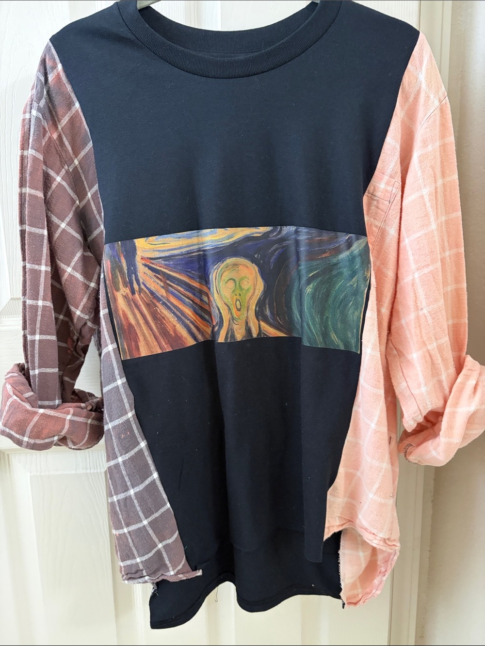 Edvard Munch The Scream Graphic Patchwork Long Sleeve Shirt with Plaid Sleeves